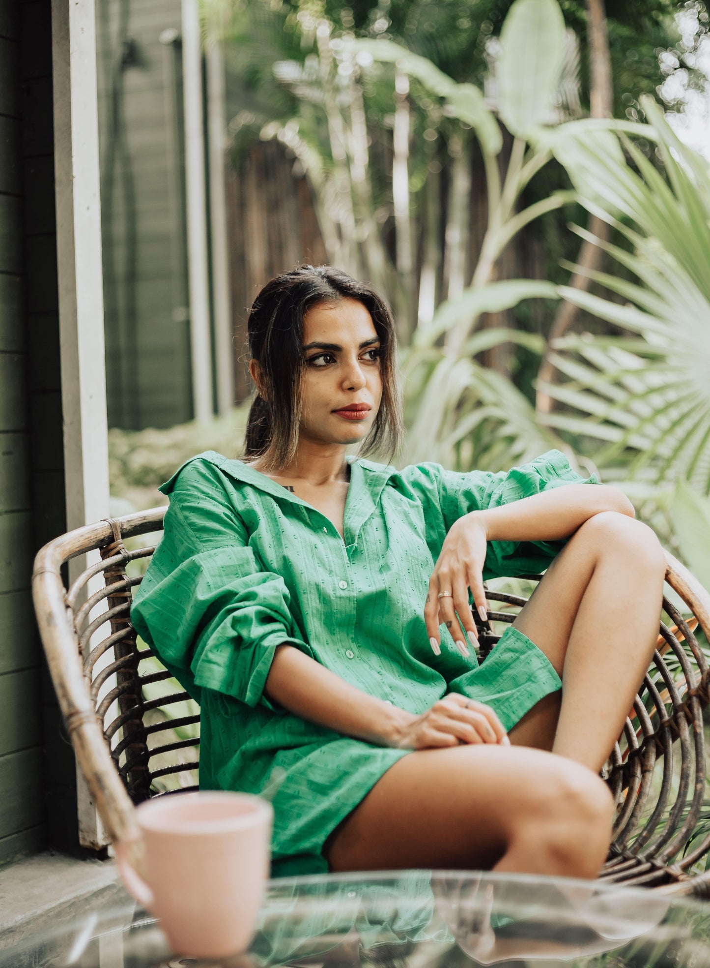 Ankana Ghosh in Rebecca striped swiss dobby green oversized shirt