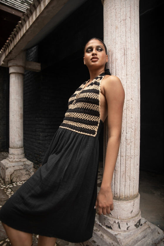 Hemp golden and black crochet halter dress