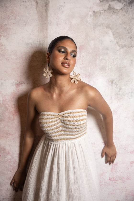 Agave cream and golden crochet bustier off-shoulder dress