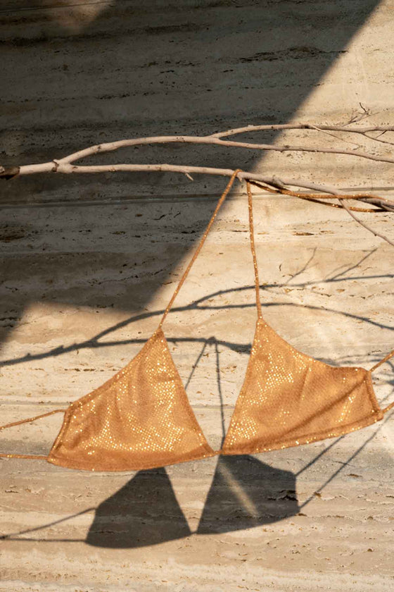 Bumblebee golden lurex matte lined cotton net bikini top and brief set