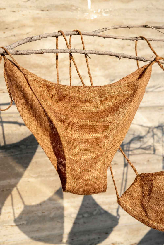 Bumblebee golden lurex matte lined cotton net bikini top and brief set