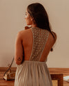 Floaty razor-back with mirror embroidered strappy long dress