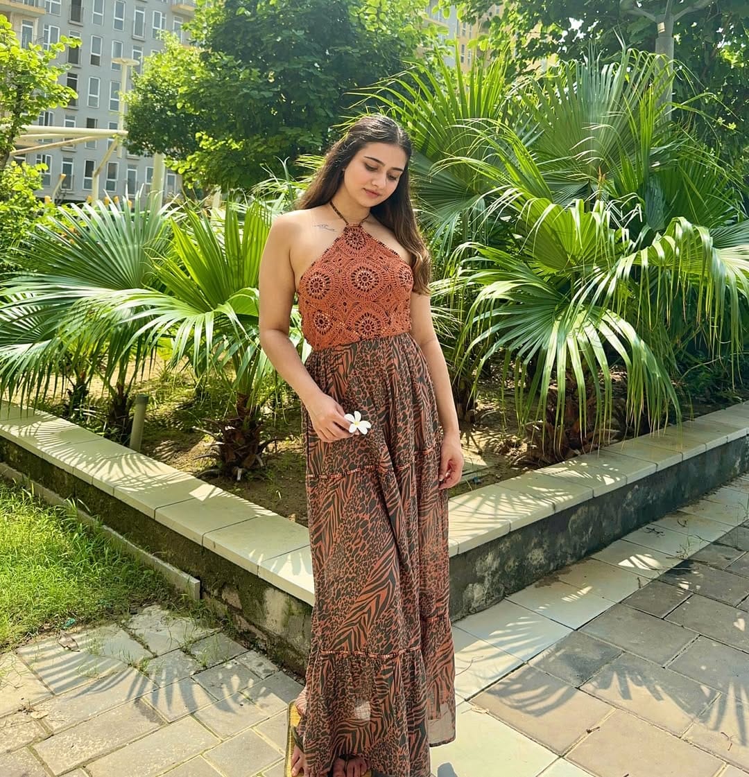 Varnikaa Singh in Flamingo lily backless long dress